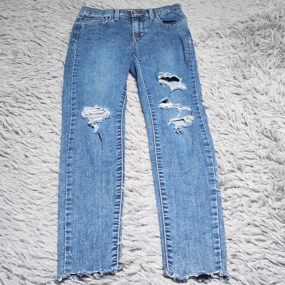 Levis 720 High Rise Super Skinny Jeans Women 25 25x30 Blue Distressed‎ Raw Hem